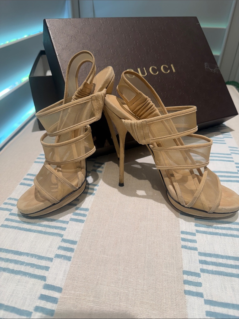 Vintage Gucci Beige Mesh Strappy Stiletto Sandals